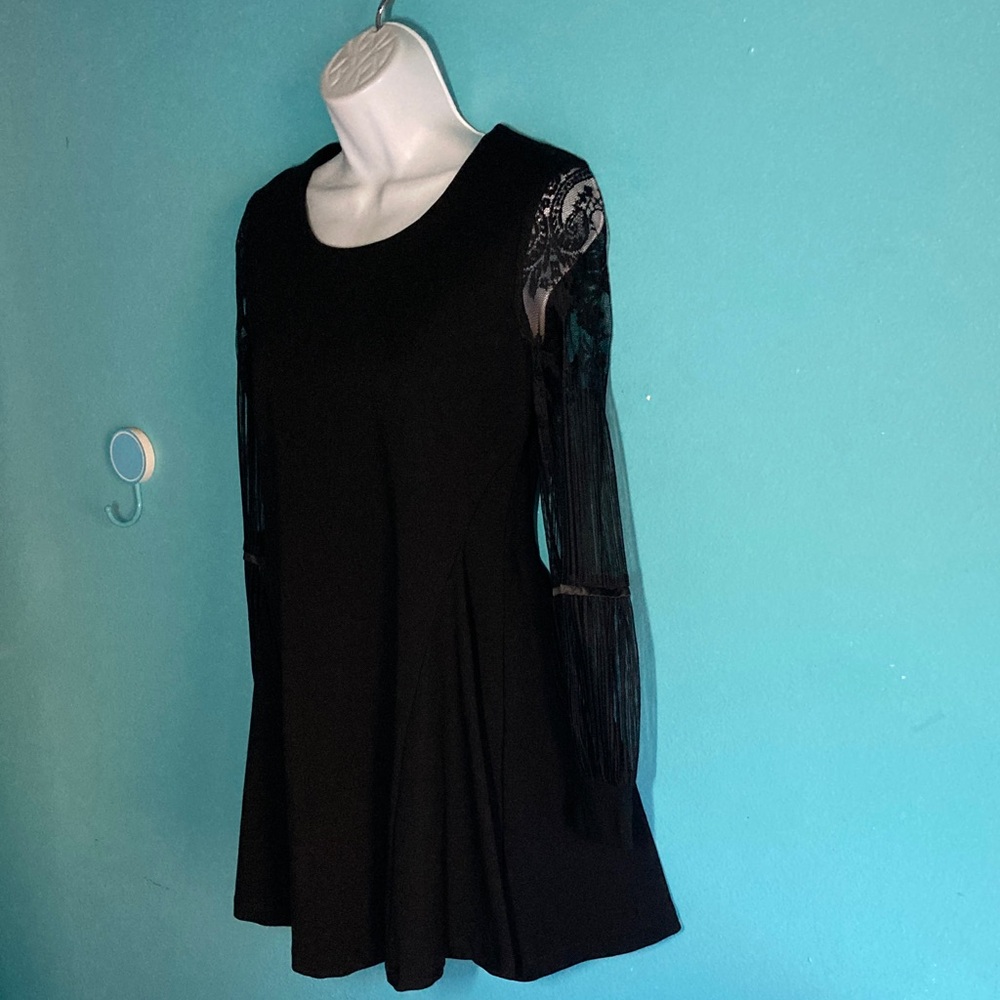 The Boutique Womens Size S  Black Mini Dress with Sheer Lace Sleeve
